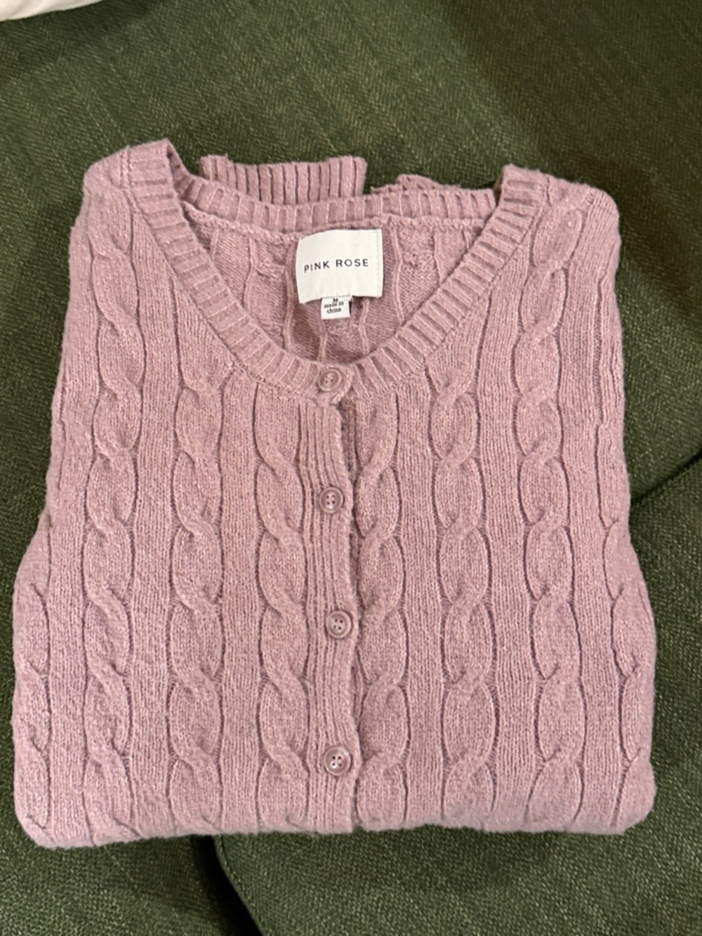 Pink Rose Mauve Cable-Knit Button Cardigan